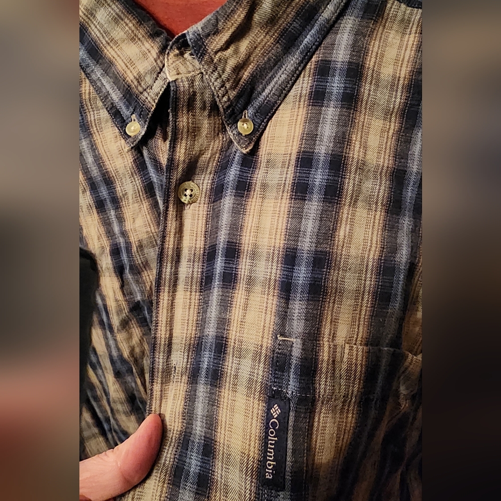 Columbia Men's Navy and Tan Plaid Shirt XXL